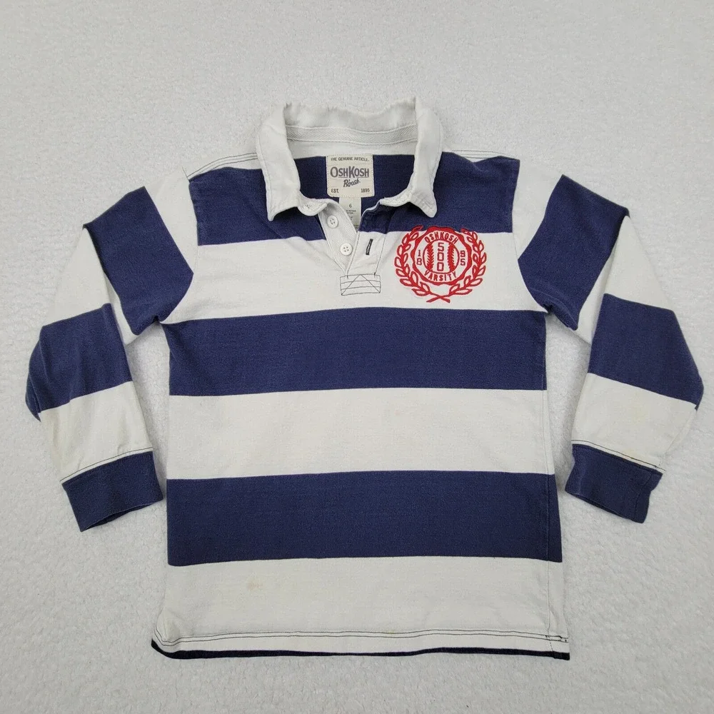 OshKosh B'gosh Boys 6 Rugby‎ Shirt Blue White Striped Cotton Long Sleeve READ